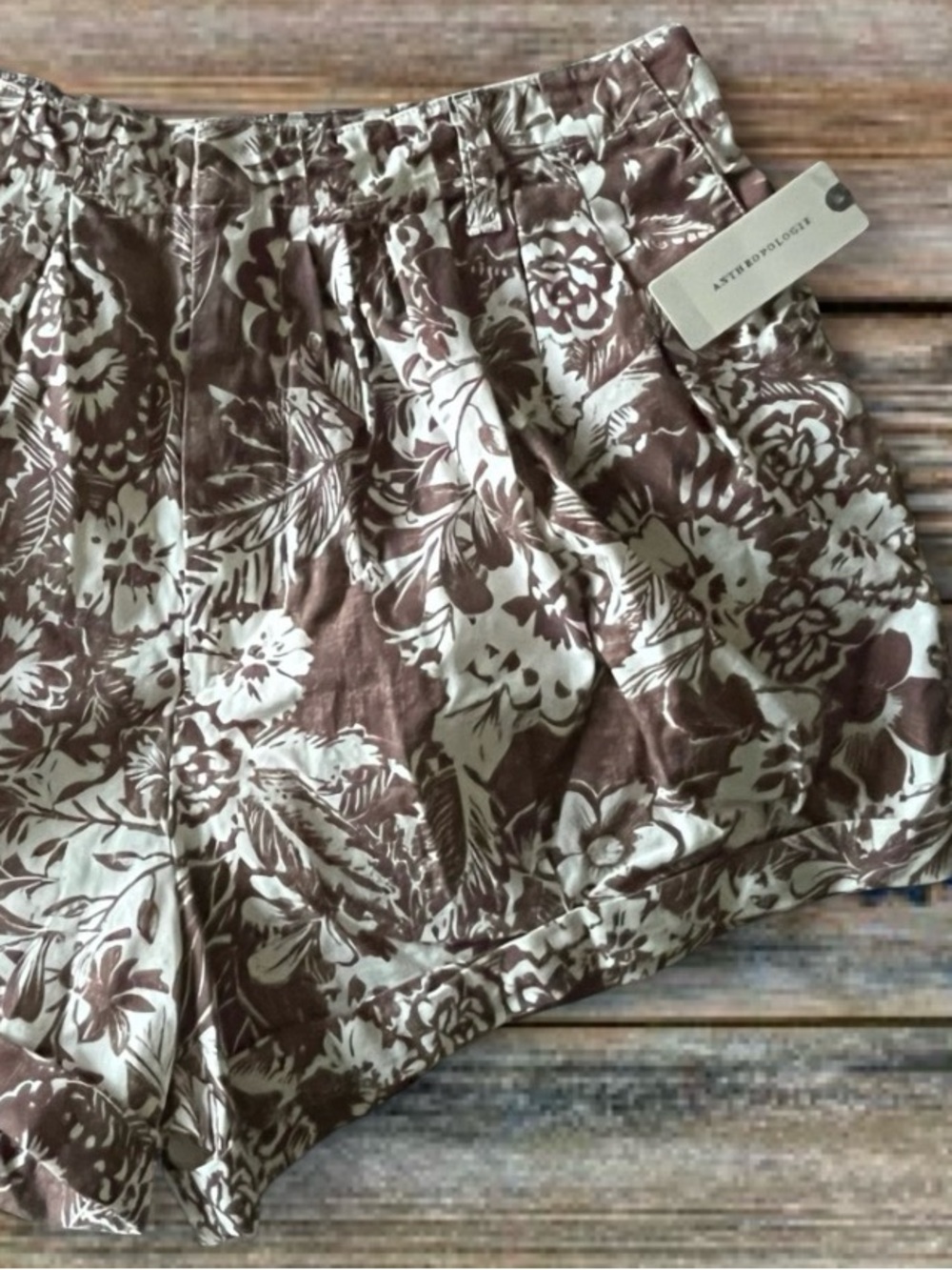 Anthropologie Brown and Cream Floral High-Waist Shorts